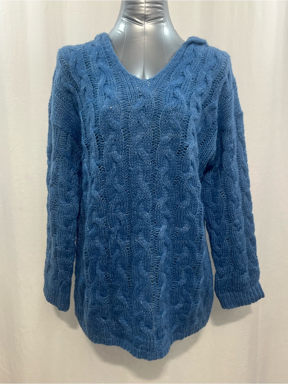 Women's Blue Cable-Knit V-Neck Hooded Sweater outdoor casual office chic 1313